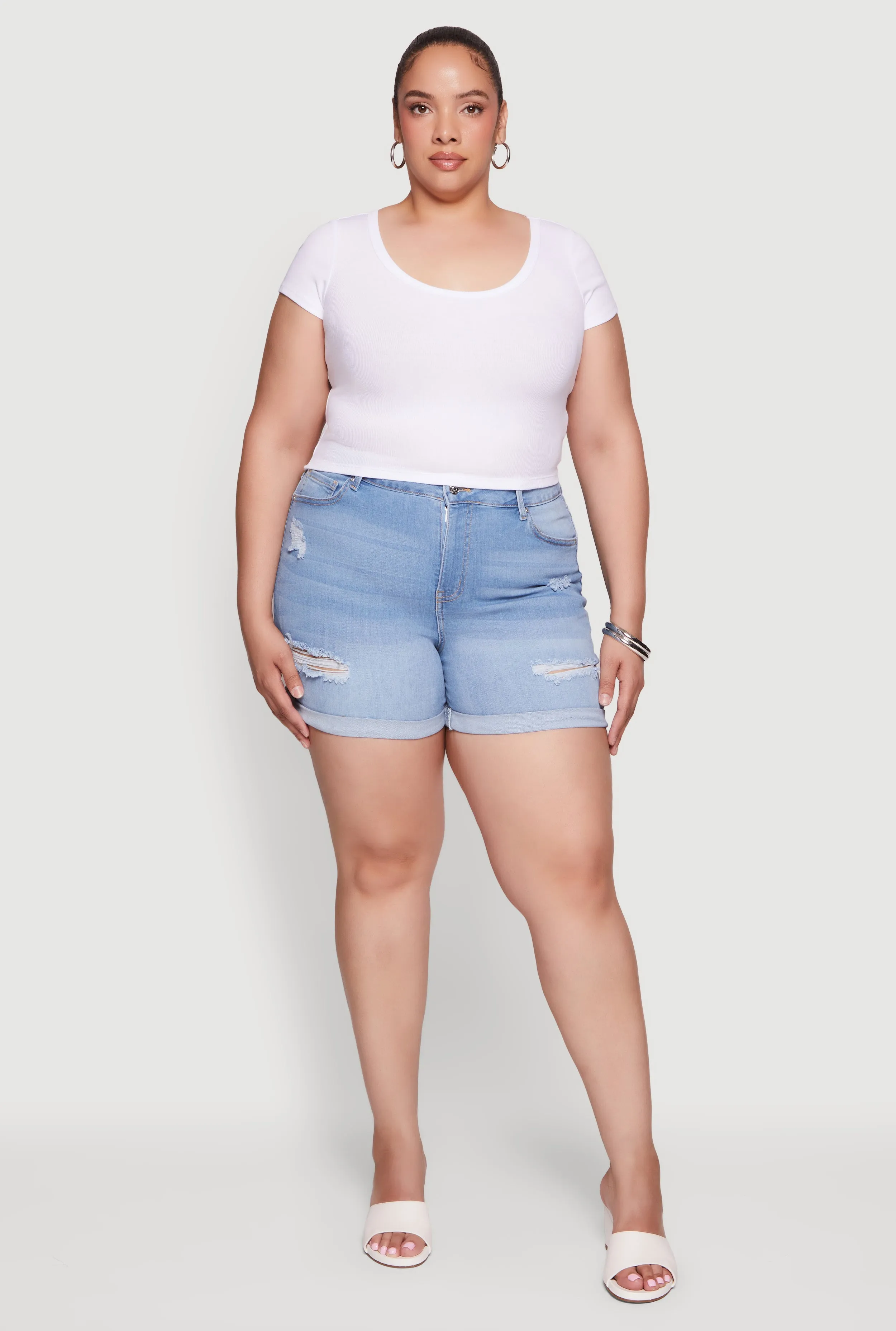 Plus Size High Waisted Distressed Denim Shorts sold by Rainbow