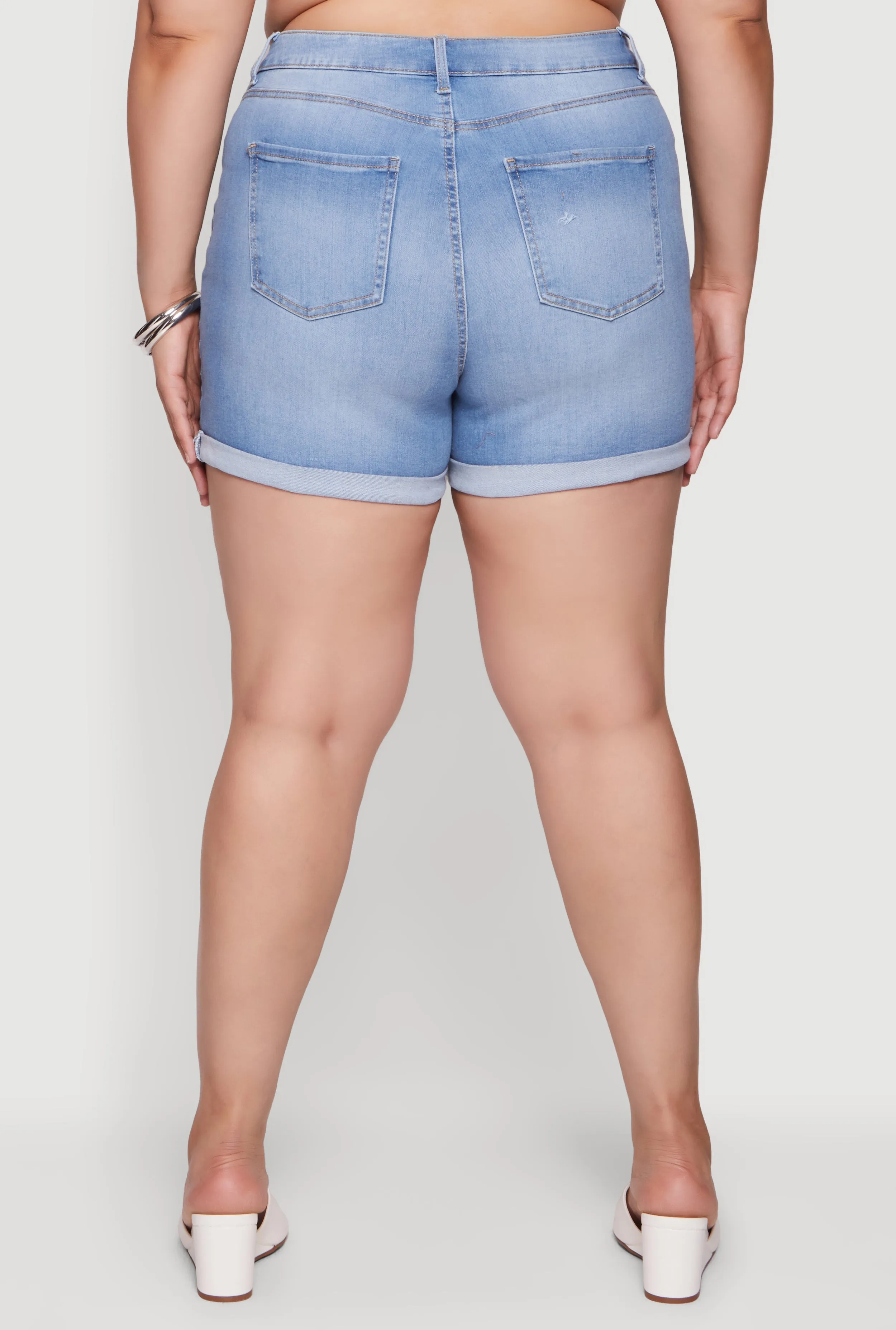Plus Size High Waisted Distressed Denim Shorts sold by Rainbow product image thumbnail 5