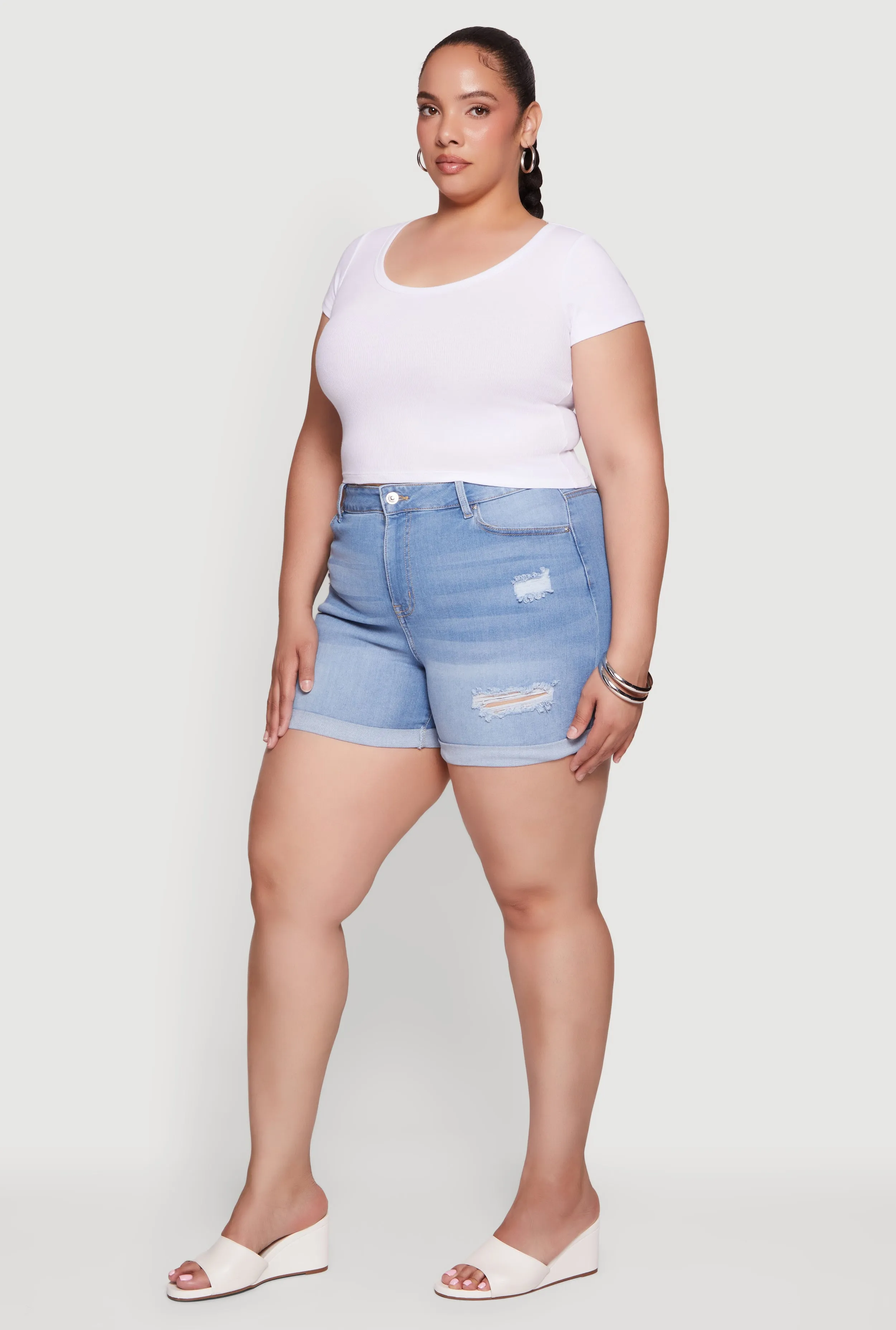 Plus Size High Waisted Distressed Denim Shorts sold by Rainbow product image thumbnail 2