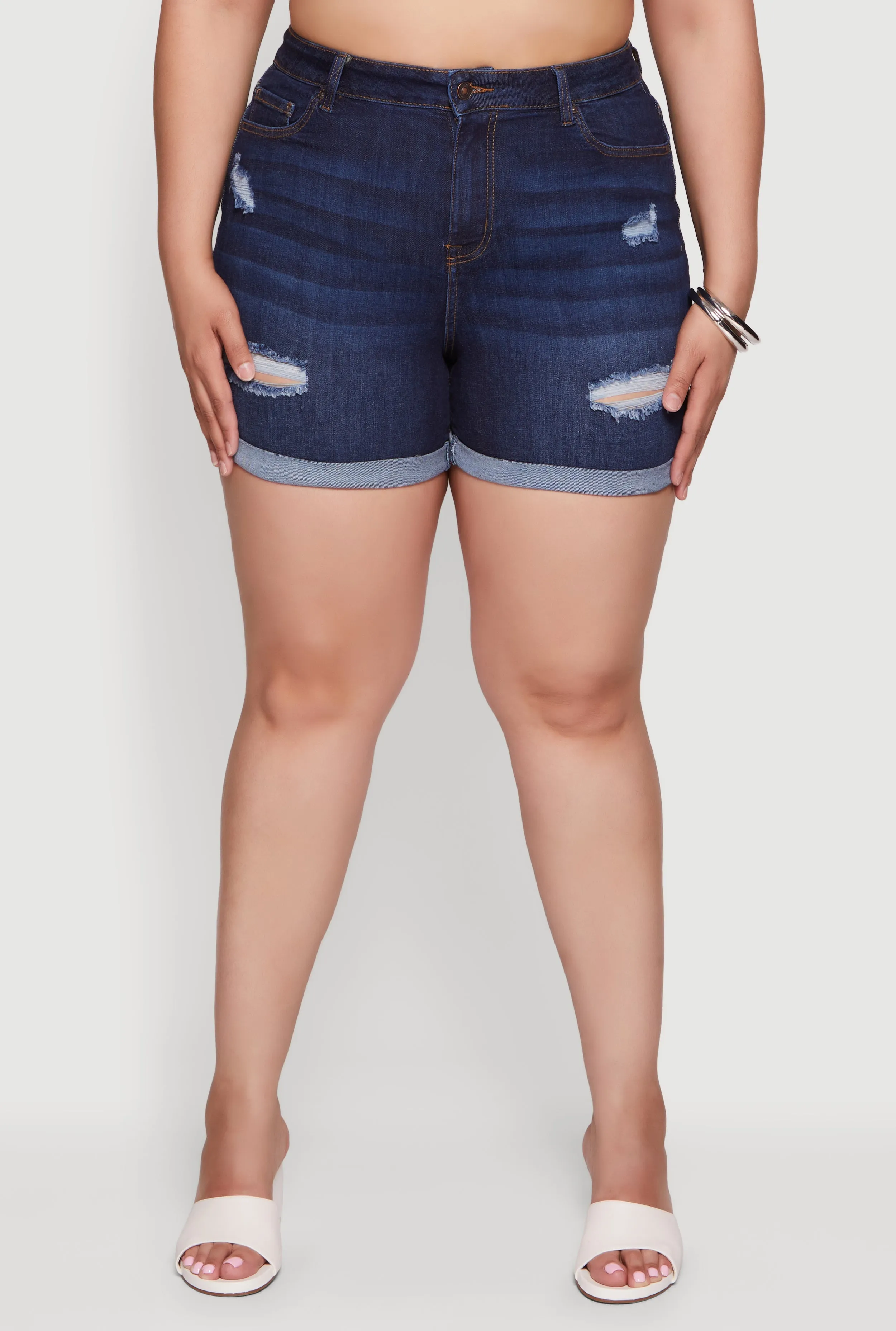 Plus Size High Waisted Distressed Denim Shorts sold by Rainbow product image thumbnail 3