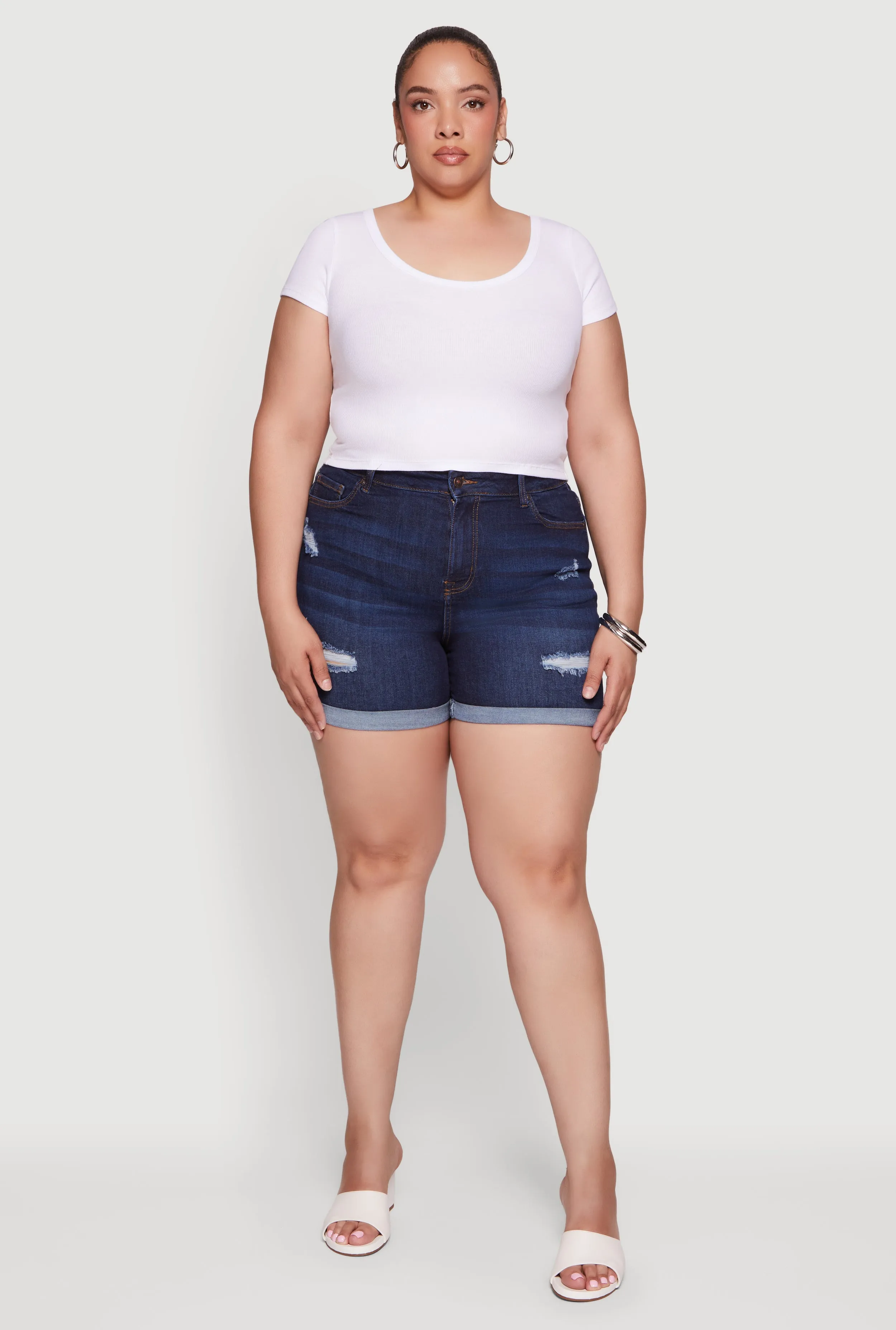 Plus Size High Waisted Distressed Denim Shorts sold by Rainbow