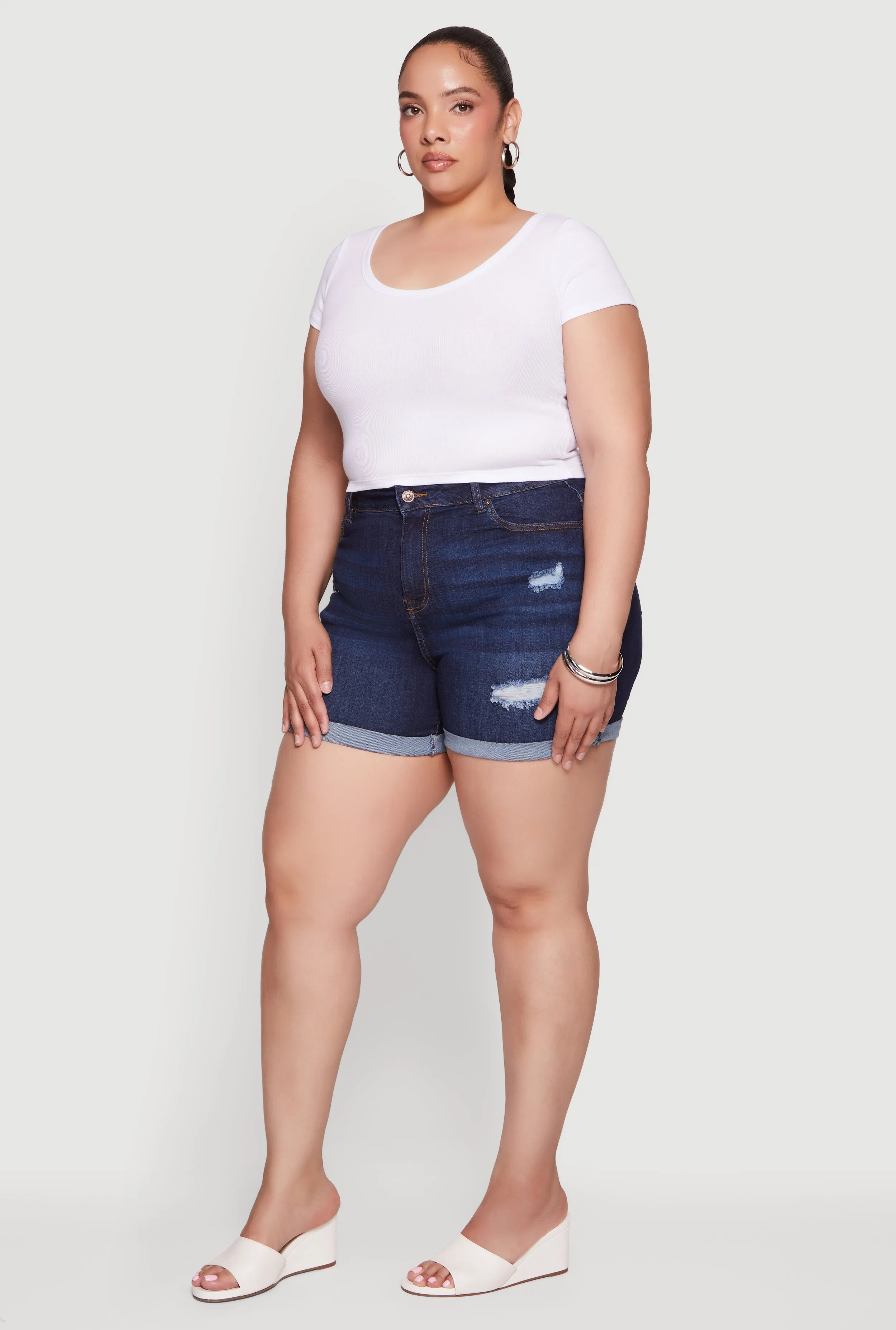 Plus Size High Waisted Distressed Denim Shorts sold by Rainbow product image thumbnail 2