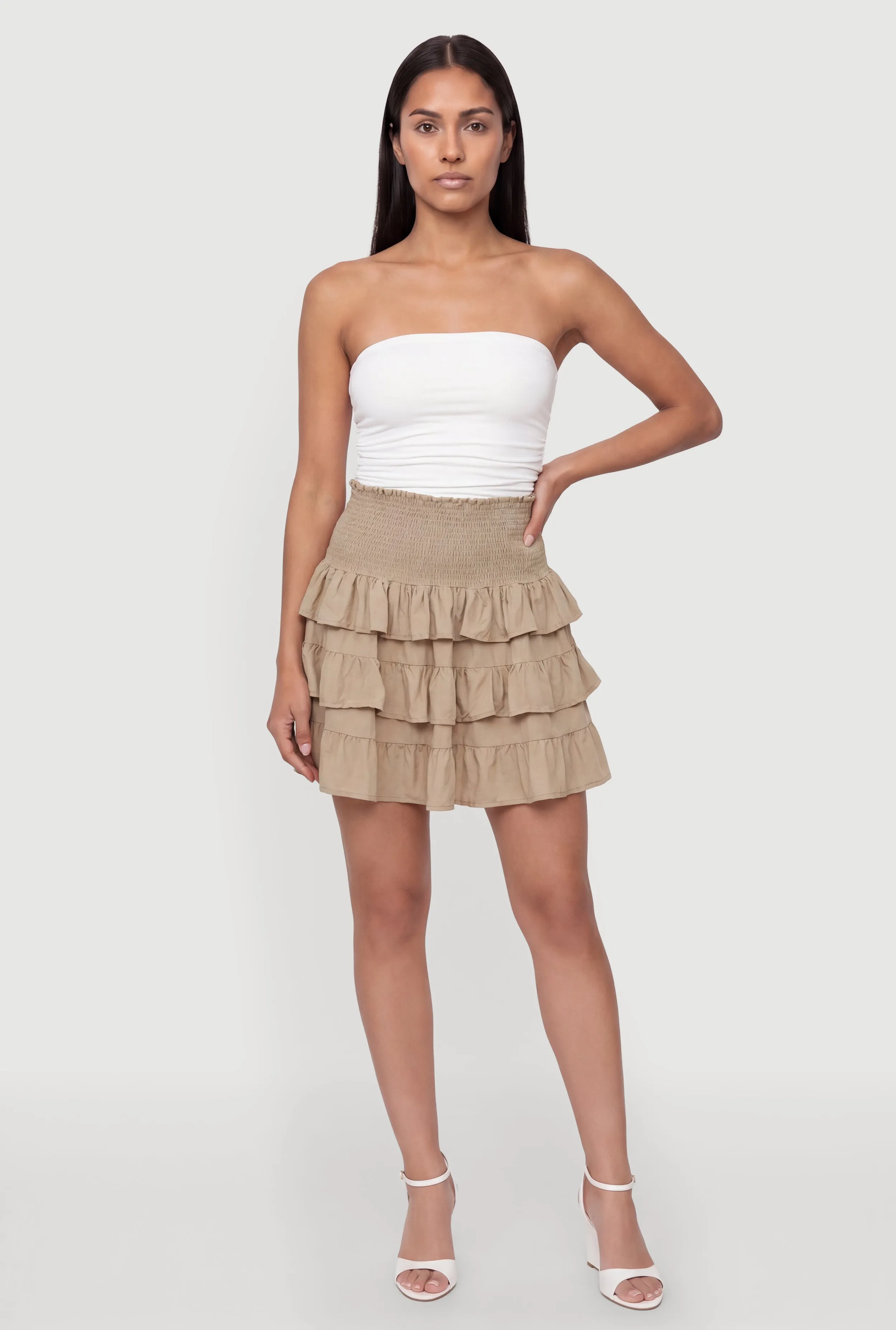 Smocked High Waisted Ruffle Tiered Mini Skirt sold by Rainbow product image thumbnail 3