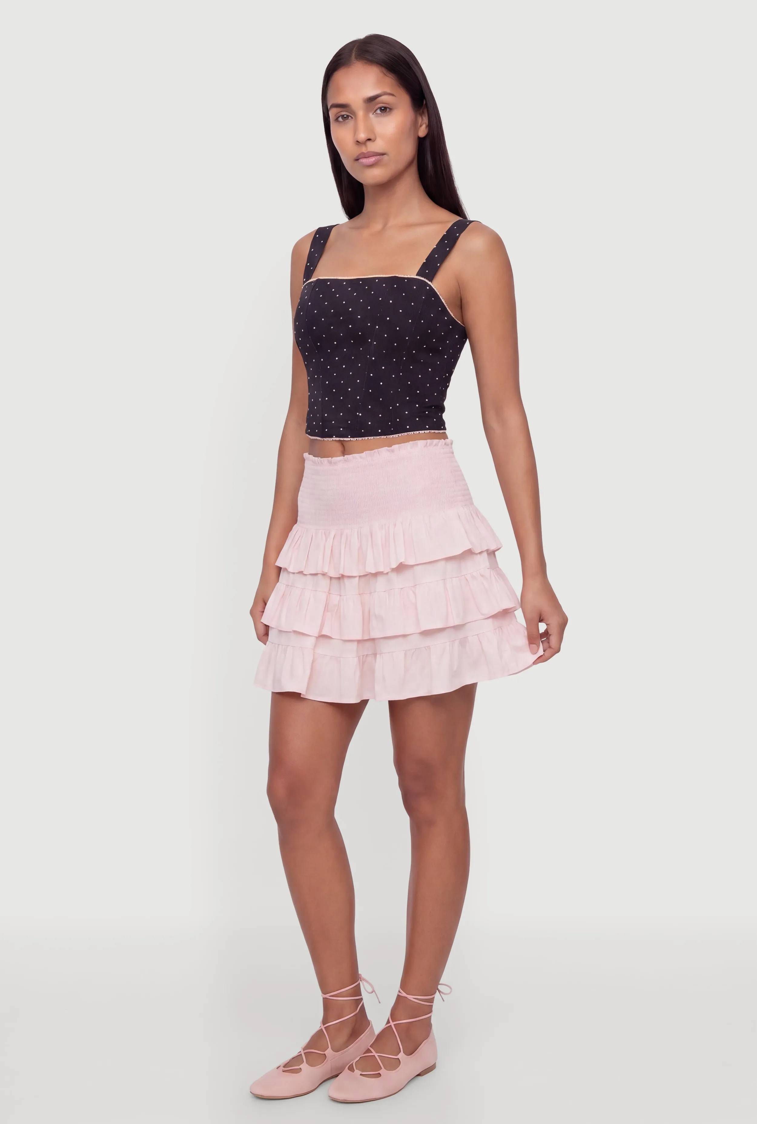 Smocked High Waisted Ruffle Tiered Mini Skirt sold by Rainbow product image thumbnail 5