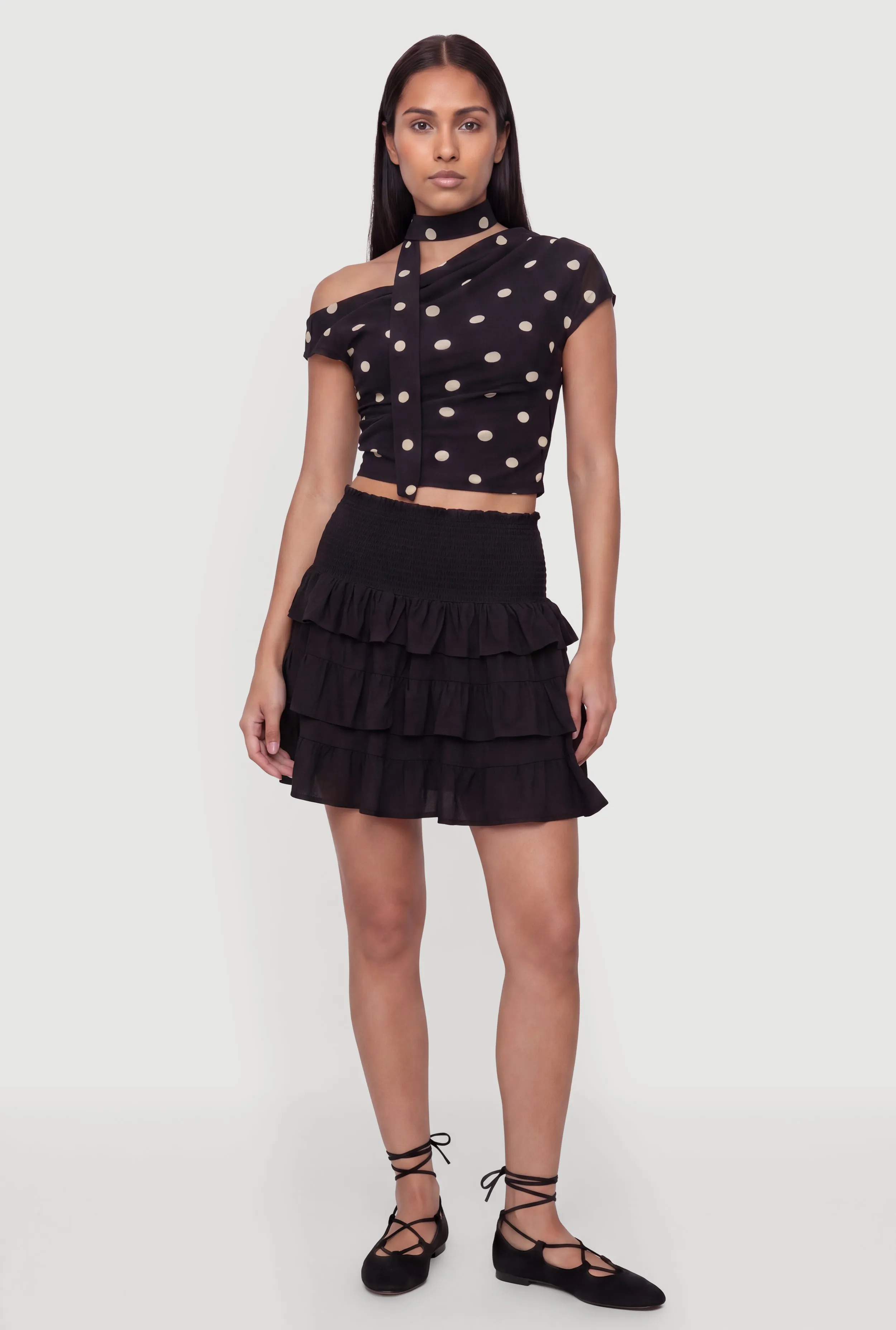 Smocked High Waisted Ruffle Tiered Mini Skirt sold by Rainbow