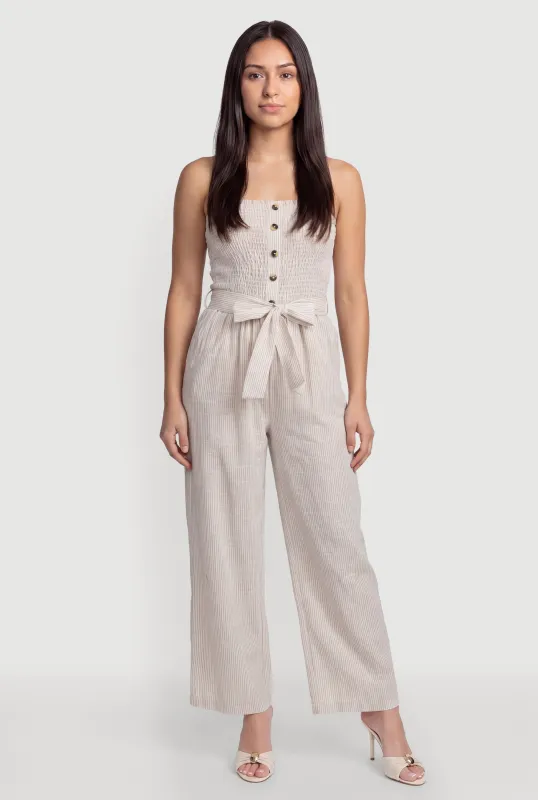 Striped Tie Waist Belted Smocked Tube Jumpsuit made by Rainbow