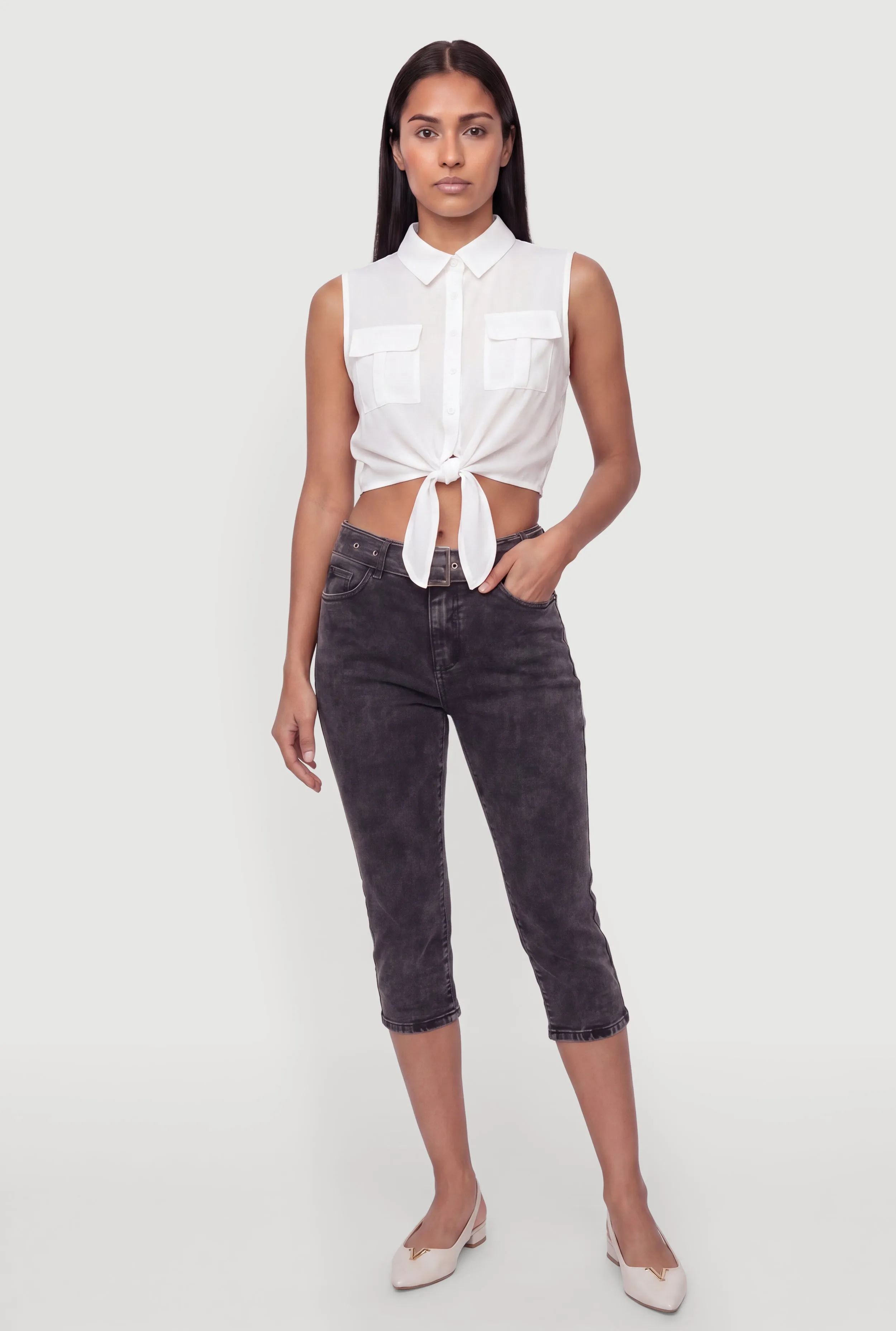 Sleeveless Button Front Cropped Tie Front Shirt sold by Rainbow product image thumbnail 2