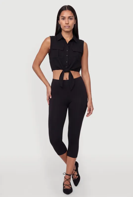 Sleeveless Button Front Cropped Tie Front Shirt made by Rainbow