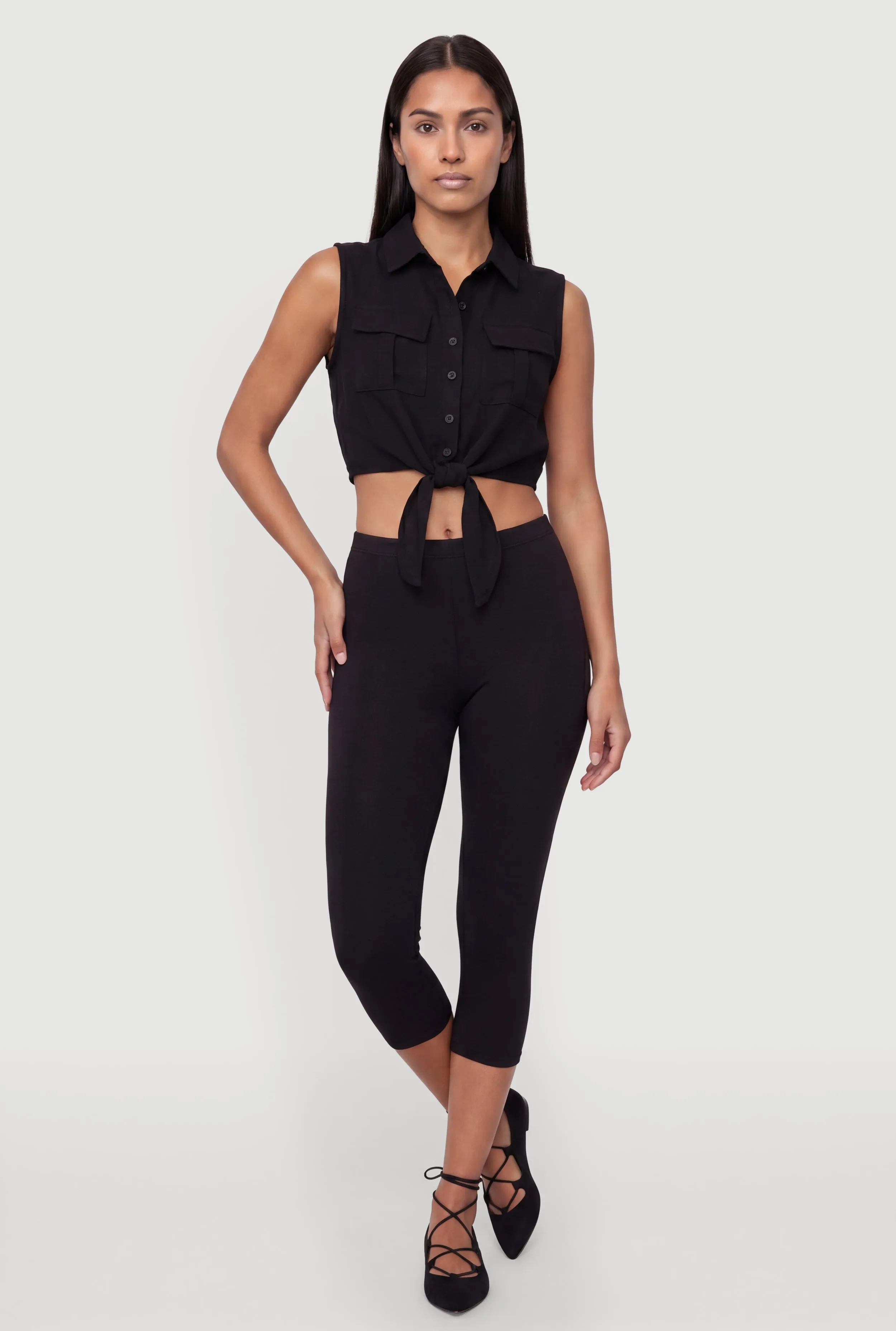 Sleeveless Button Front Cropped Tie Front Shirt sold by Rainbow