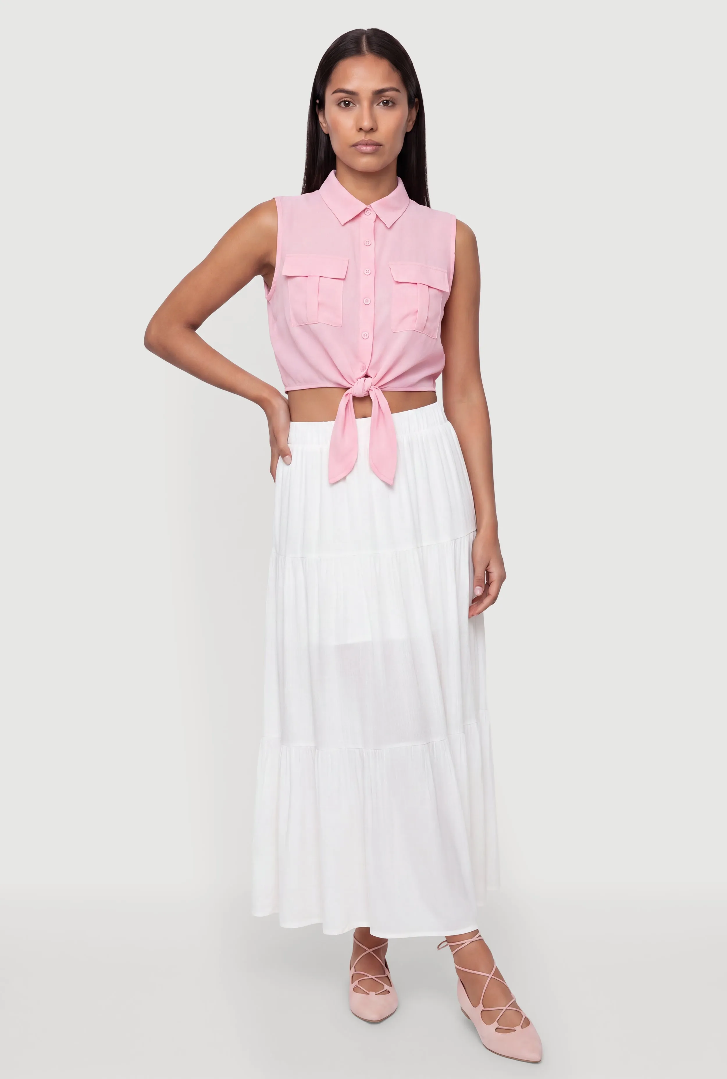 Sleeveless Button Front Cropped Tie Front Shirt sold by Rainbow product image thumbnail 3