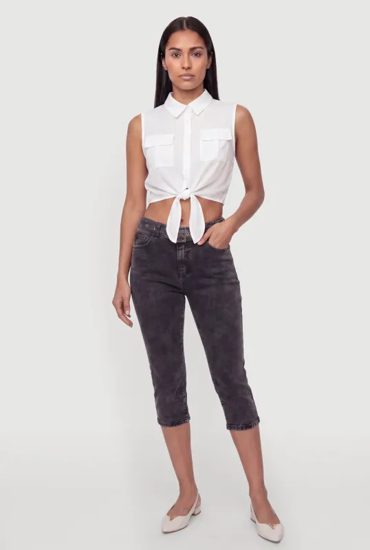 Sleeveless Button Front Cropped Tie Front Shirt made by Rainbow