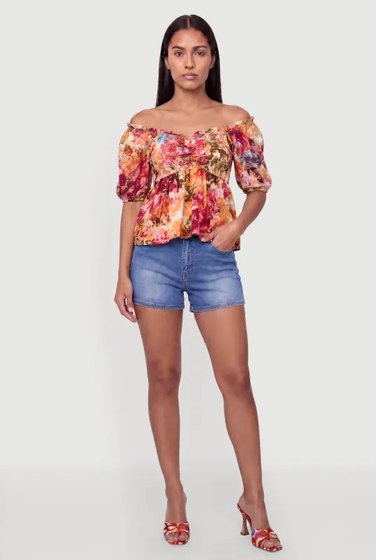 Floral Smocked Detail Off the Shoulder Puff Sleeve Blouse made by Rainbow