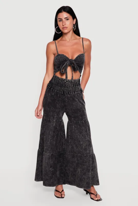 Acid Wash Cutout Tie Front Tiered Wide Leg Jumpsuit made by Rainbow