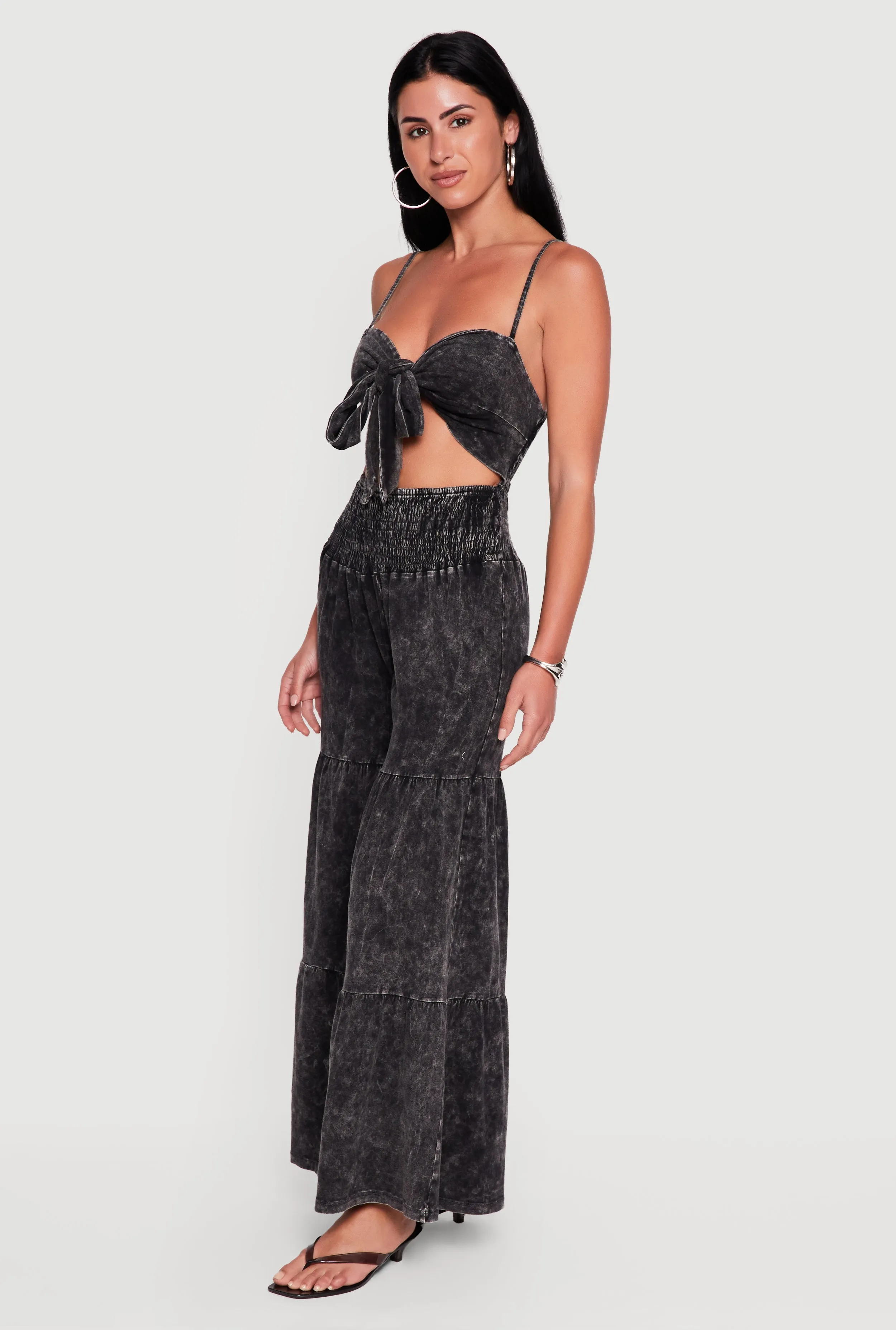 Acid Wash Cutout Tie Front Tiered Wide Leg Jumpsuit sold by Rainbow product image thumbnail 2