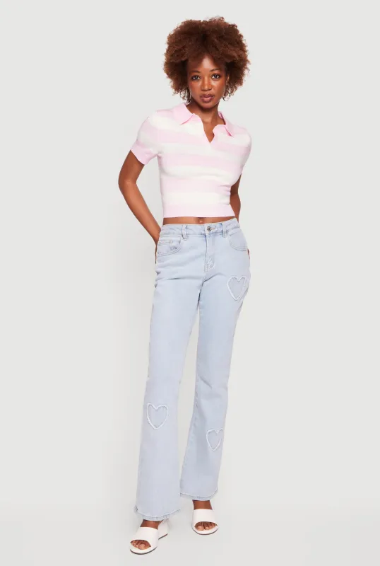 Striped Short Sleeve Cropped Polo Sweater made by iris