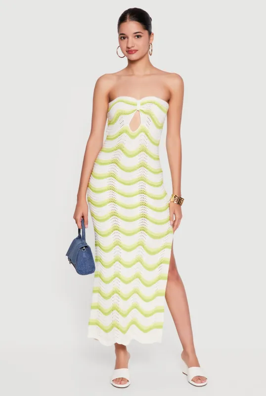 Side Slit Wavy Stripe Pointelle Knit Tube Dress made by Rainbow