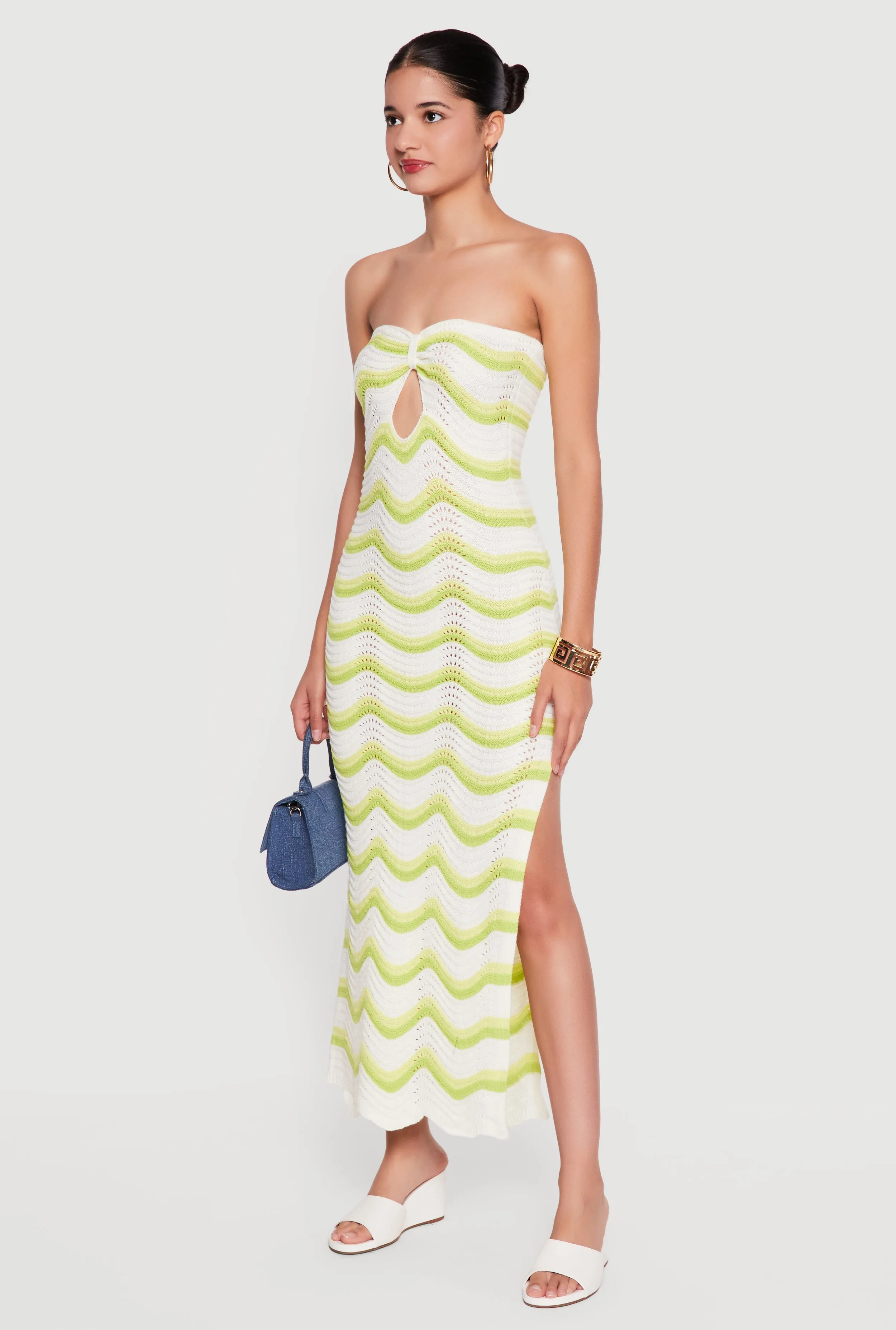 Side Slit Wavy Stripe Pointelle Knit Tube Dress sold by Rainbow product image thumbnail 2