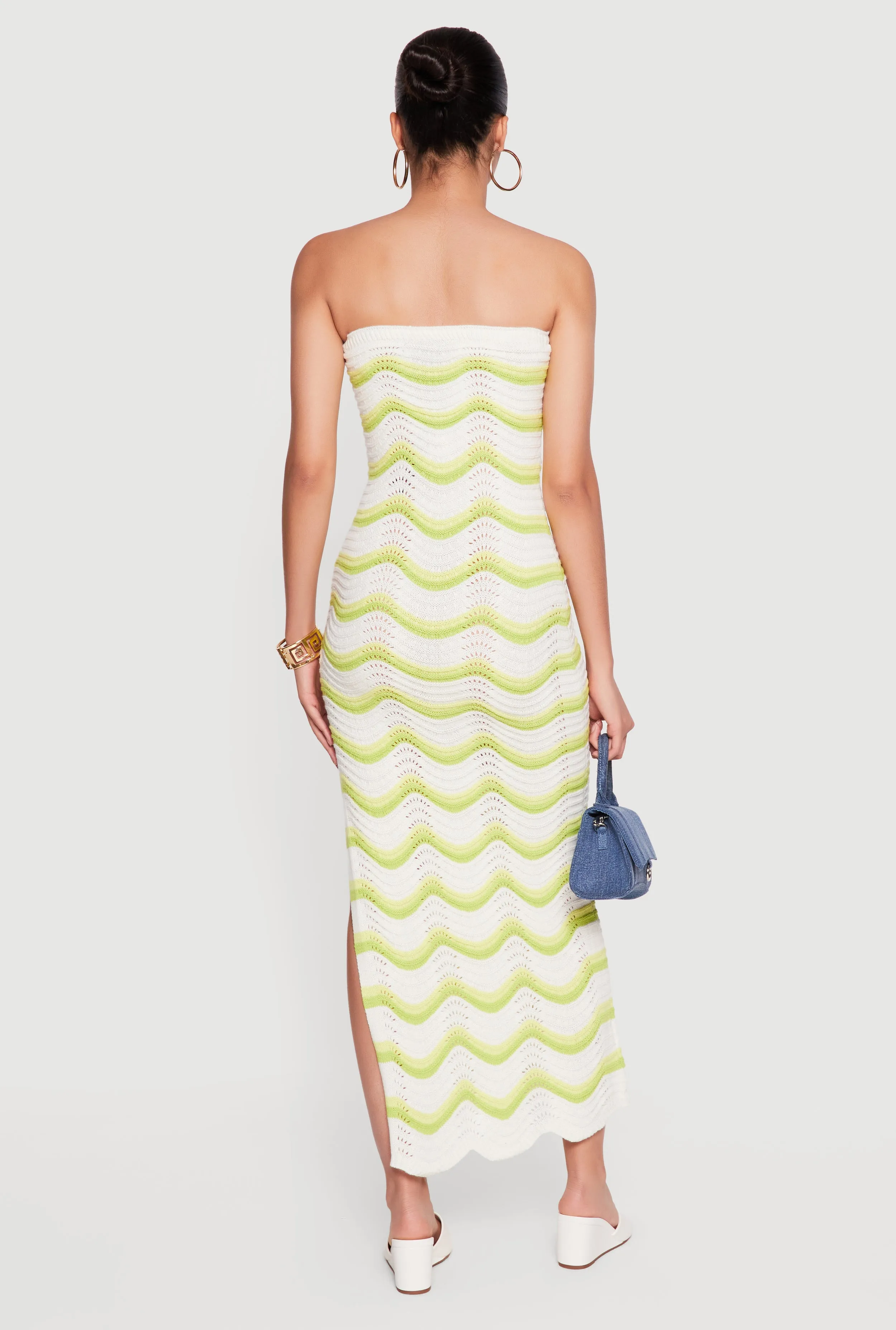 Side Slit Wavy Stripe Pointelle Knit Tube Dress sold by Rainbow product image thumbnail 3