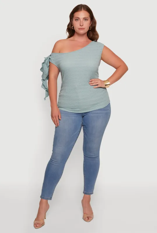 Plus Size Ruffle Detail One Shoulder Side Ruched Blouse made by Rainbow