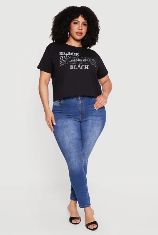 Plus Size Rhinestone Black Mixed With Graphic Tee made by Rainbow