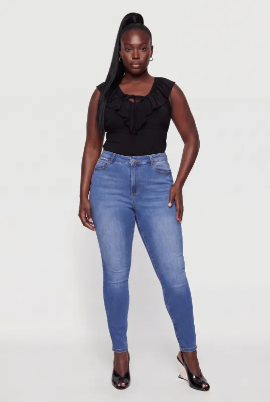 Plus Size Ruffle Trim Keyhole Neck Sleeveless Blouse made by Rainbow