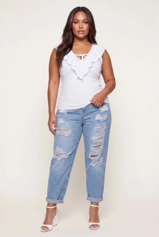 Plus Size Ruffle Trim Keyhole Neck Sleeveless Blouse made by Rainbow