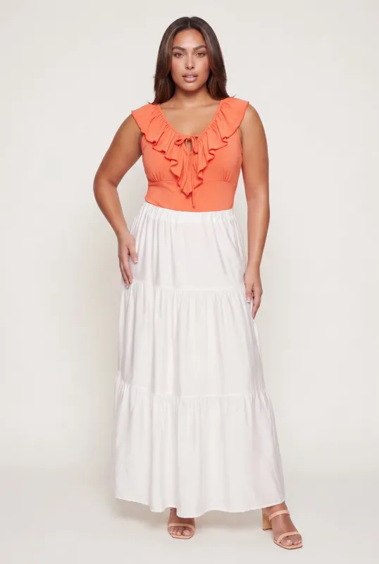 Plus Size Ruffle Trim Keyhole Neck Sleeveless Blouse made by Rainbow