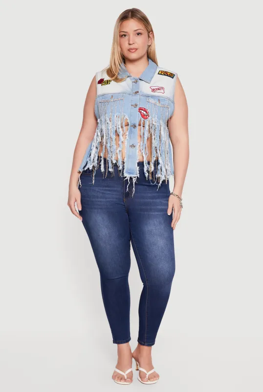 Plus Size Rhinestone Fringe Hem Patch Graphic Denim Vest made by Rainbow