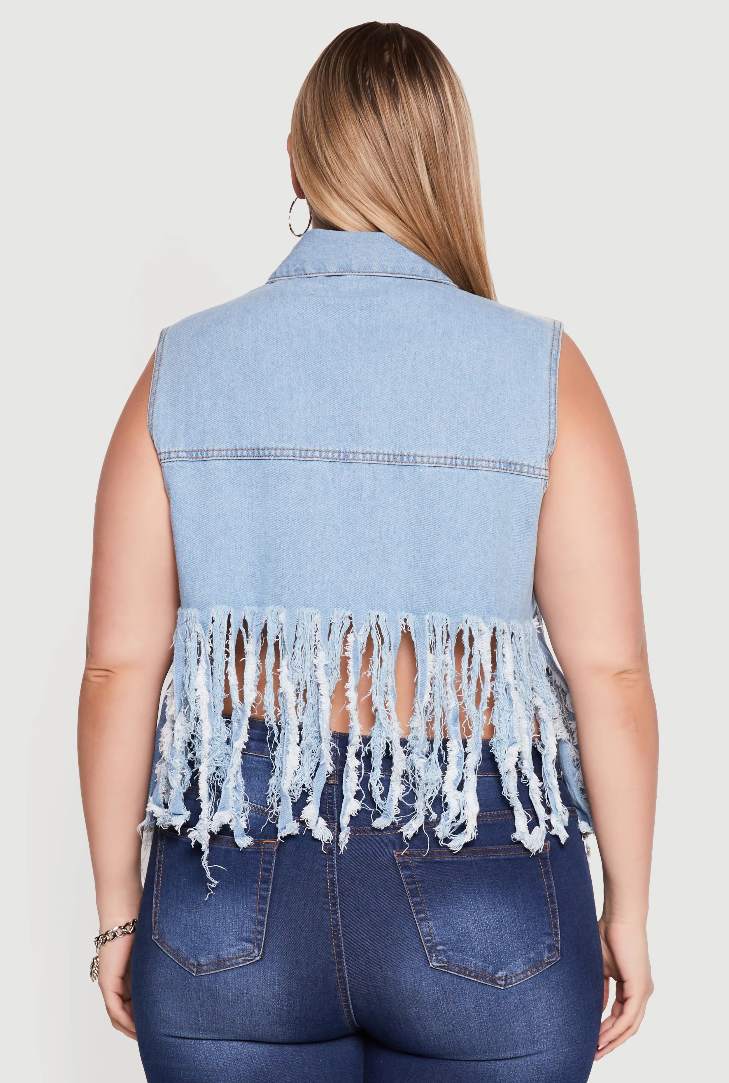Plus Size Rhinestone Fringe Hem Patch Graphic Denim Vest sold by Rainbow product image thumbnail 5