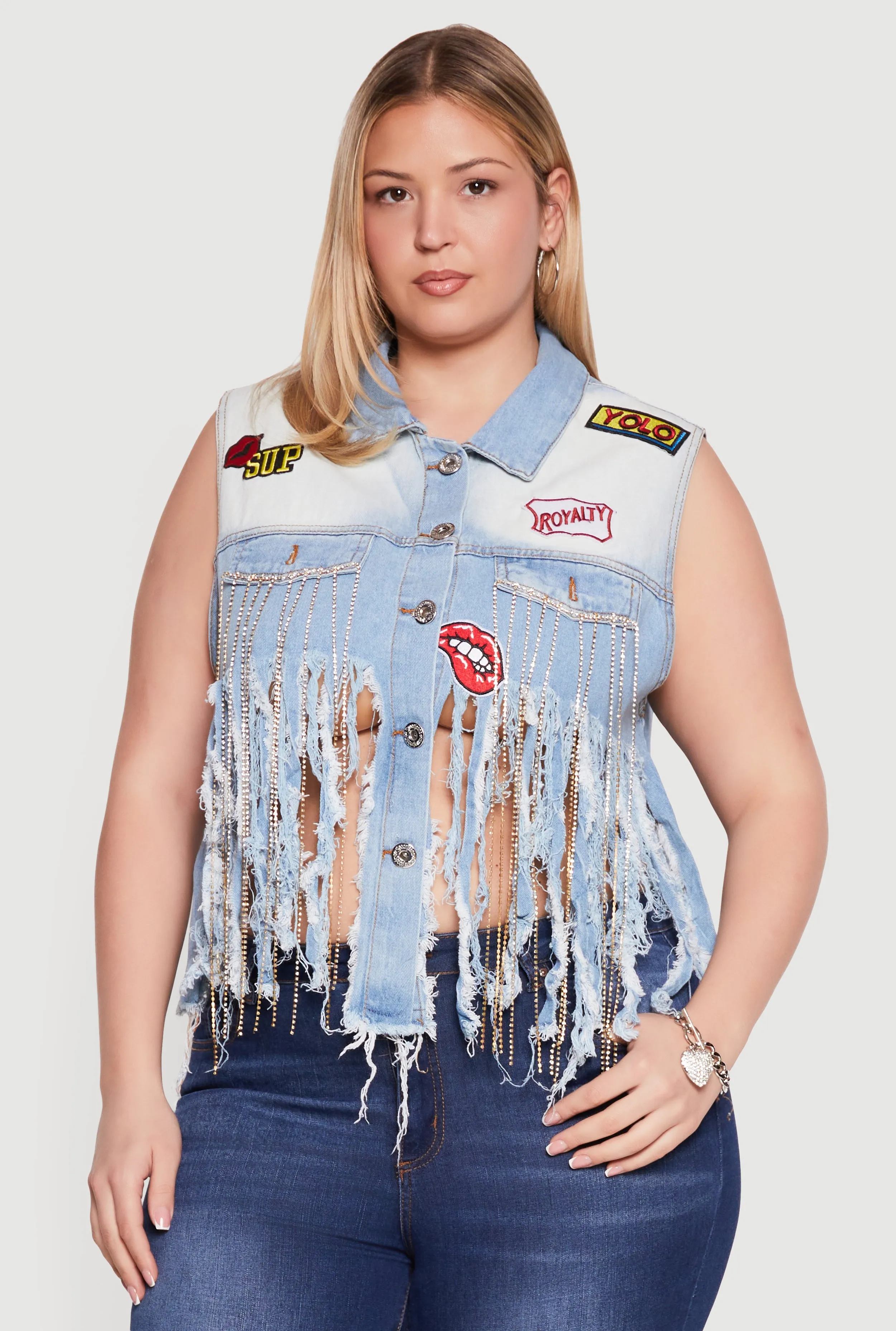 Plus Size Rhinestone Fringe Hem Patch Graphic Denim Vest sold by Rainbow product image thumbnail 2