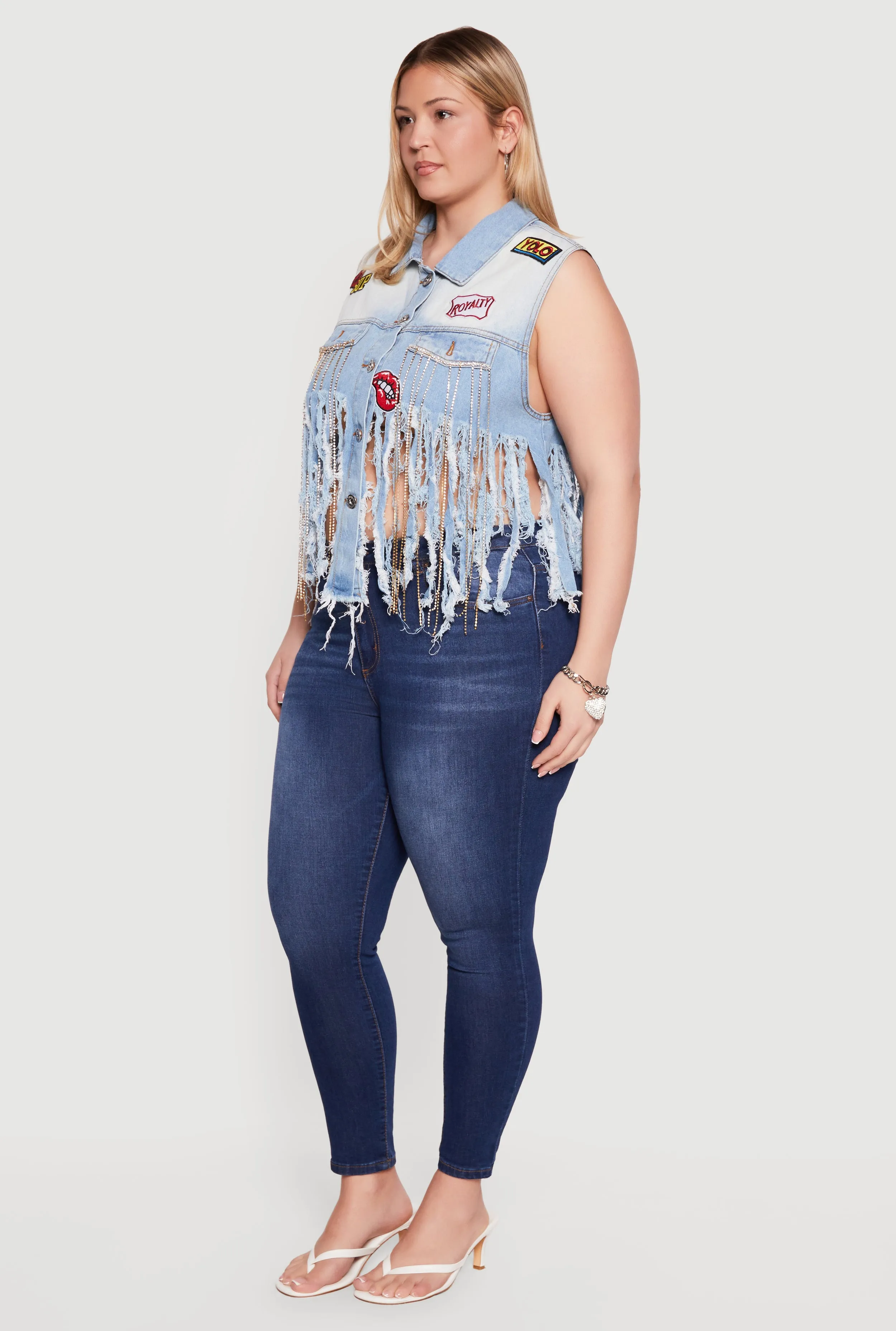 Plus Size Rhinestone Fringe Hem Patch Graphic Denim Vest sold by Rainbow product image thumbnail 3
