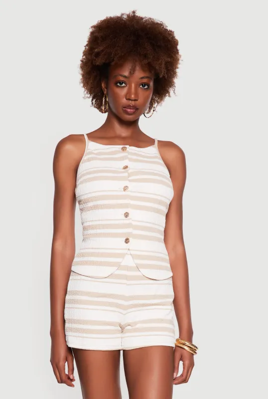 Striped Metallic Button Front Sleeveless Blouse made by Rainbow