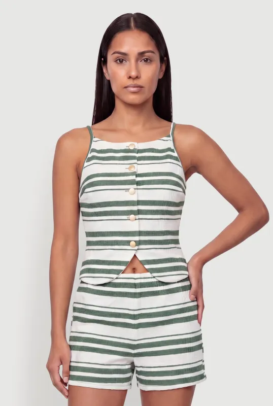 Striped Metallic Button Front Sleeveless Blouse made by Rainbow