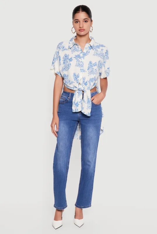 Crepe Knit Toile de Jouy Tie Front Tunic Shirt made by Rainbow