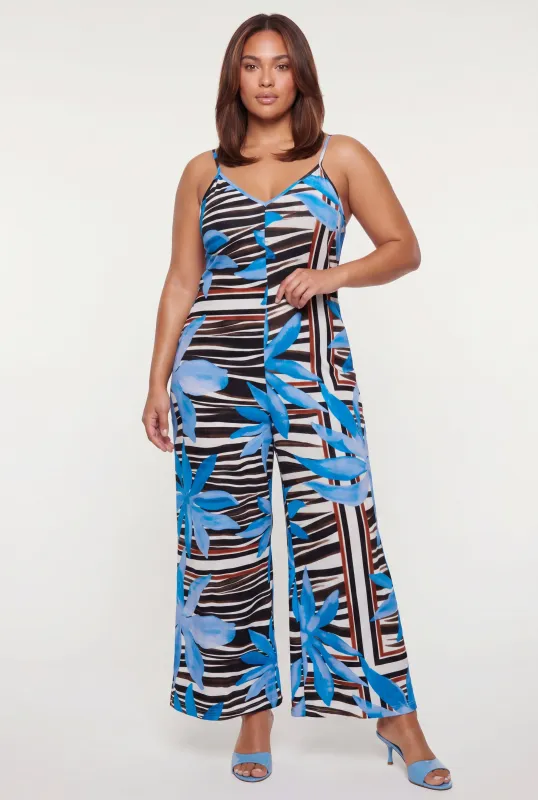 Plus Size Floral Print Sleeveless V Neck Wide Leg Jumpsuit made by Rainbow