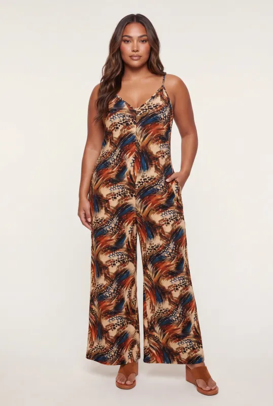 Plus Size Printed Pattern Wide Leg Jumpsuit with Pockets made by Rainbow