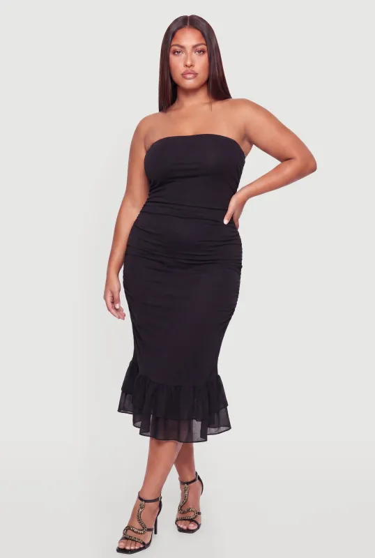 Plus Size Ruffle Hem Side Ruched Tube Dress made by Rainbow
