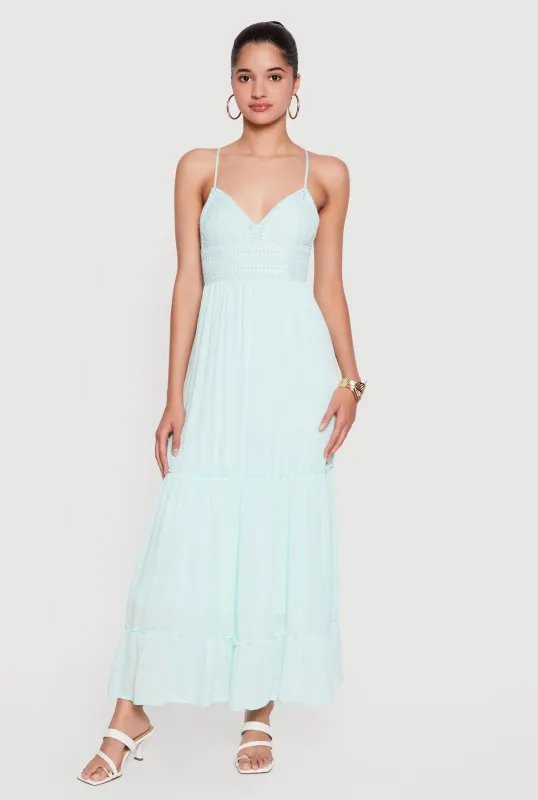 Crochet Detail Ruffle Tiered Maxi Dress made by Rainbow