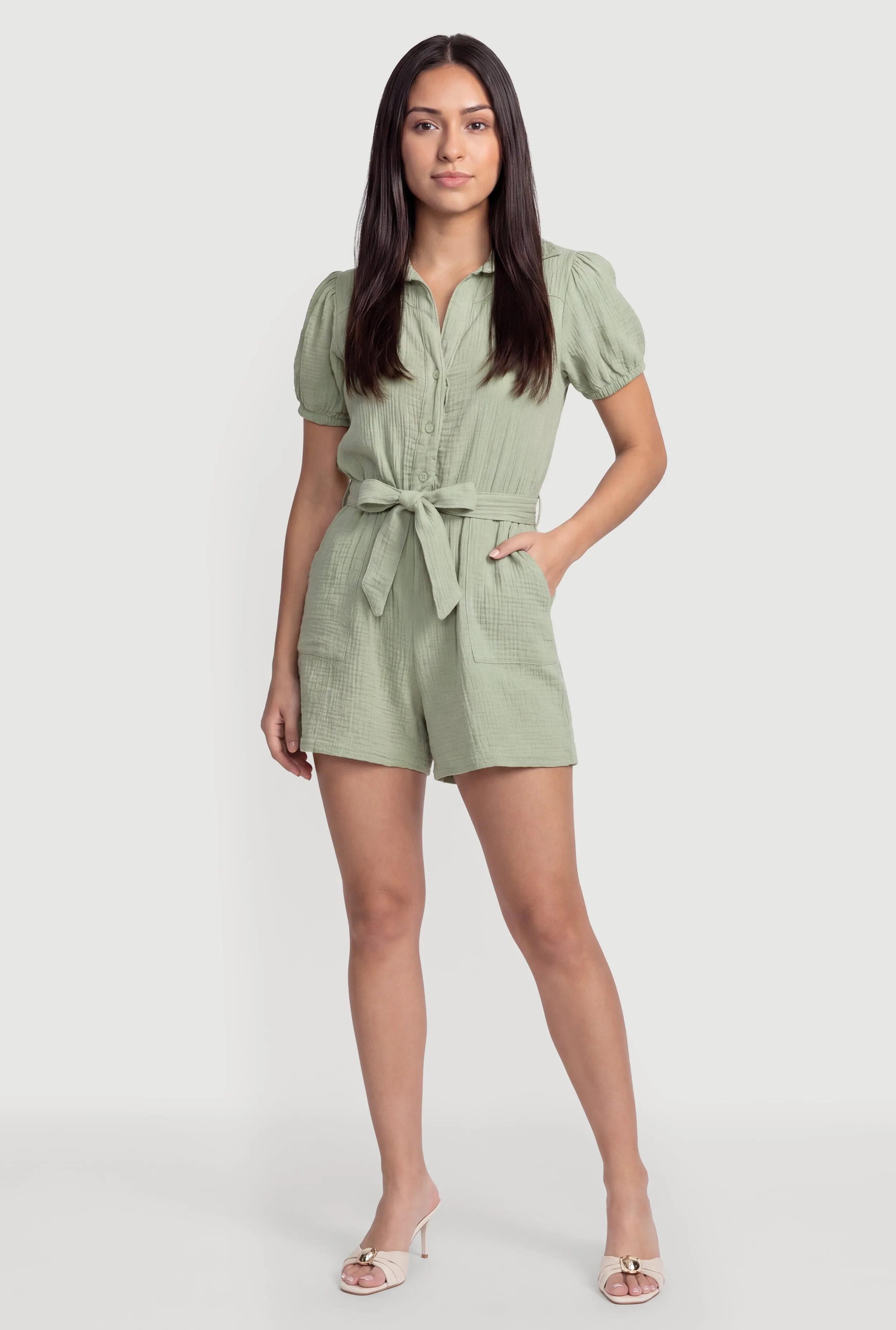 Tie Waist Belted Button Front Puff Sleeve Romper sold by Rainbow product image thumbnail 3