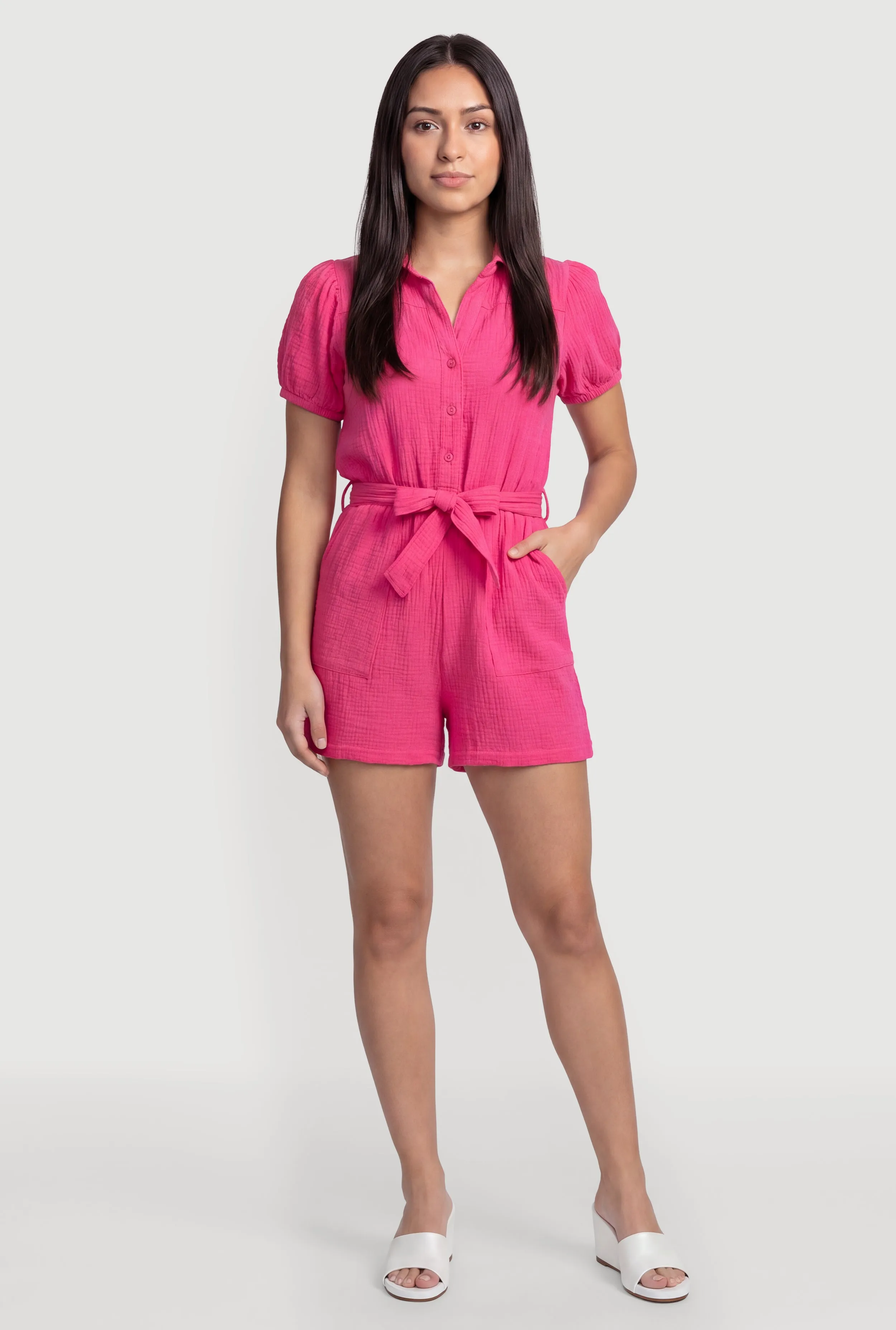 Tie Waist Belted Button Front Puff Sleeve Romper sold by Rainbow product image thumbnail 4