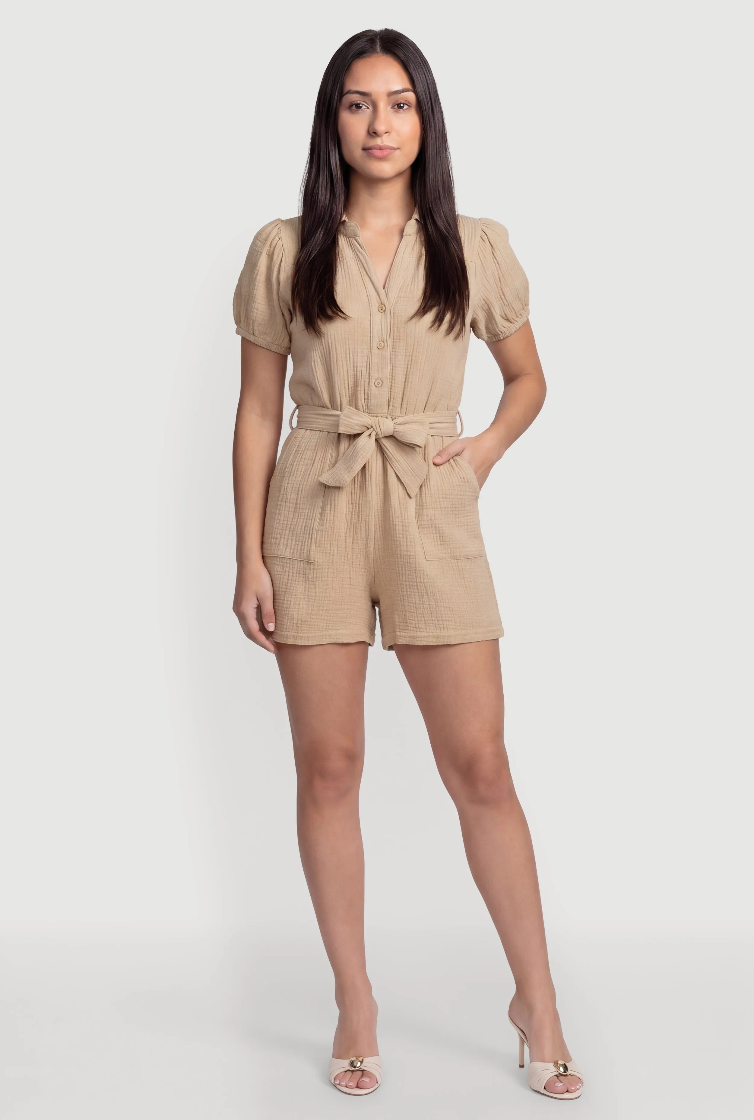 Tie Waist Belted Button Front Puff Sleeve Romper sold by Rainbow product image thumbnail 2