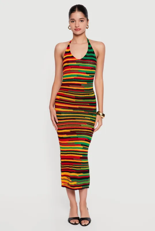 Striped Tie Back Halter Neck Midi Dress made by Rainbow