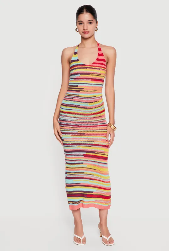 Striped Tie Back Halter Neck Midi Dress made by Rainbow