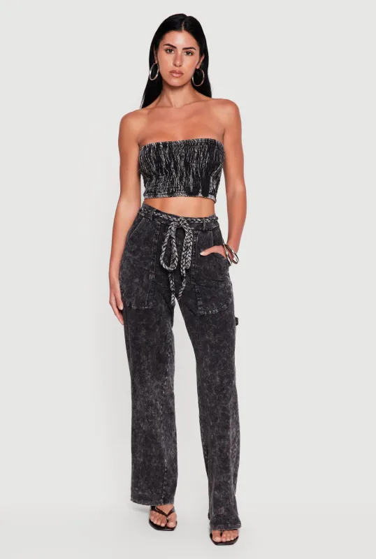 High Waisted Acid Wash Casual Pants with Tie Waist Belt made by Rainbow