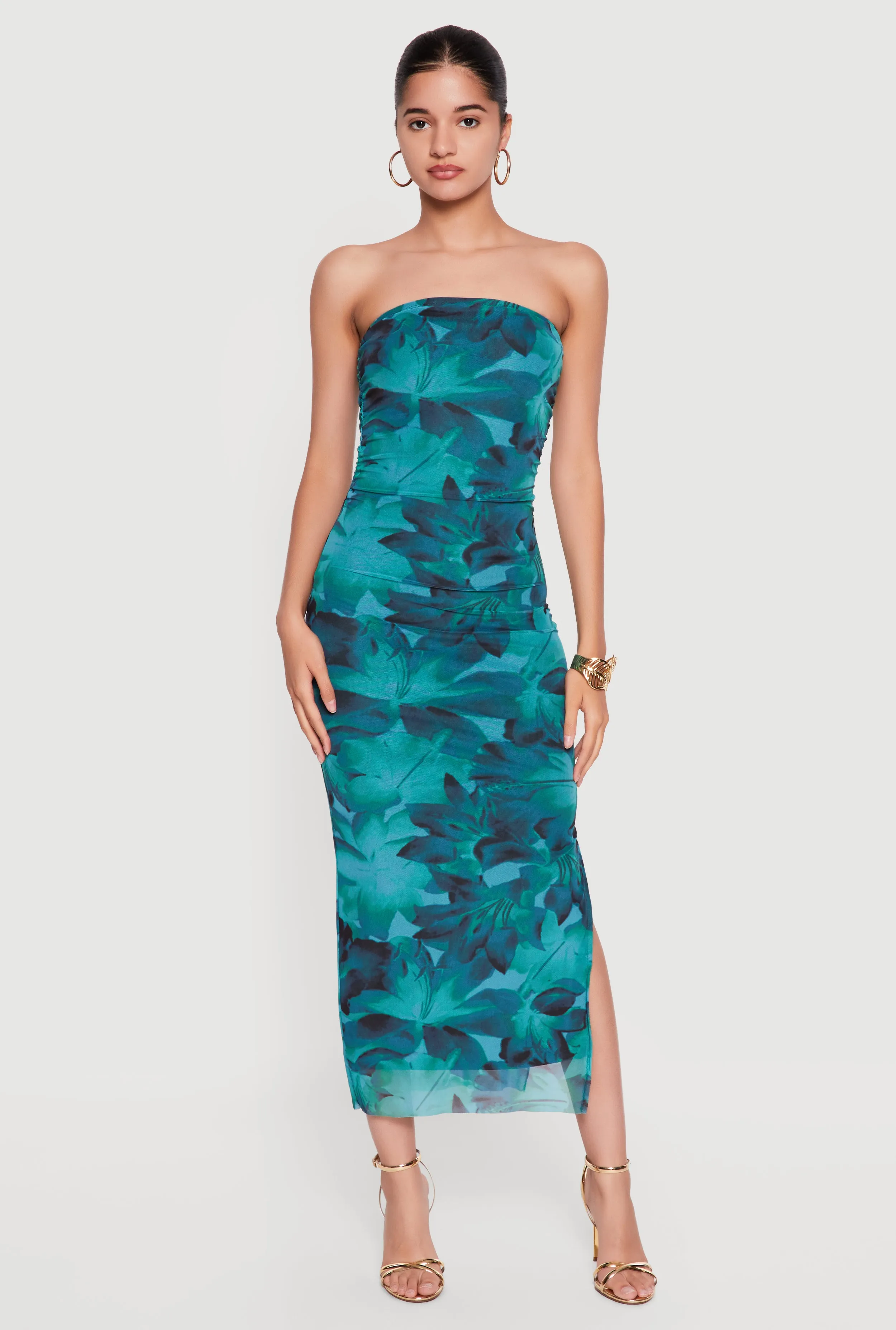 Floral Mesh Ruched Strapless Dress with Side Slit sold by Rainbow product image thumbnail 3