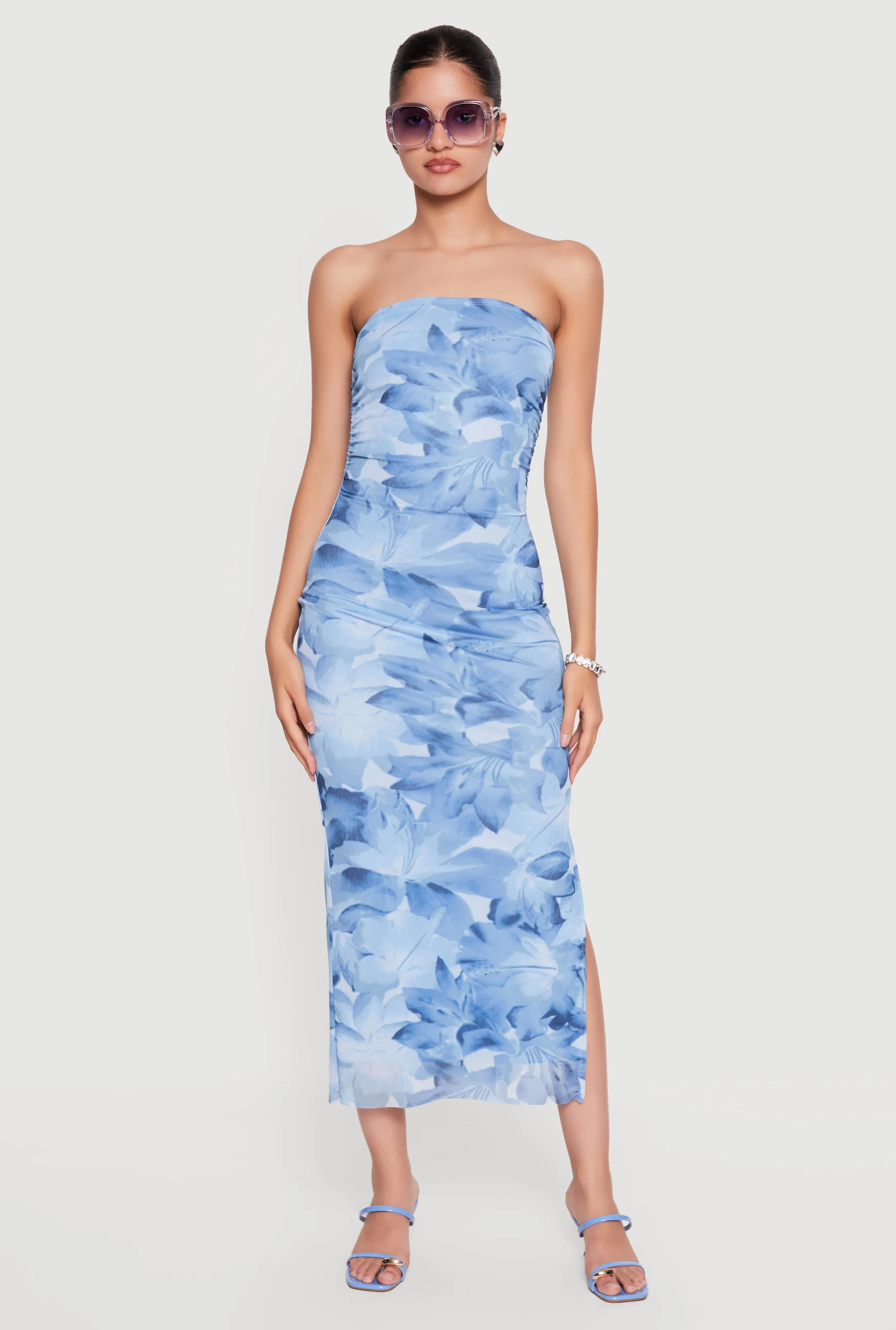 Floral Mesh Ruched Strapless Dress with Side Slit sold by Rainbow product image thumbnail 2