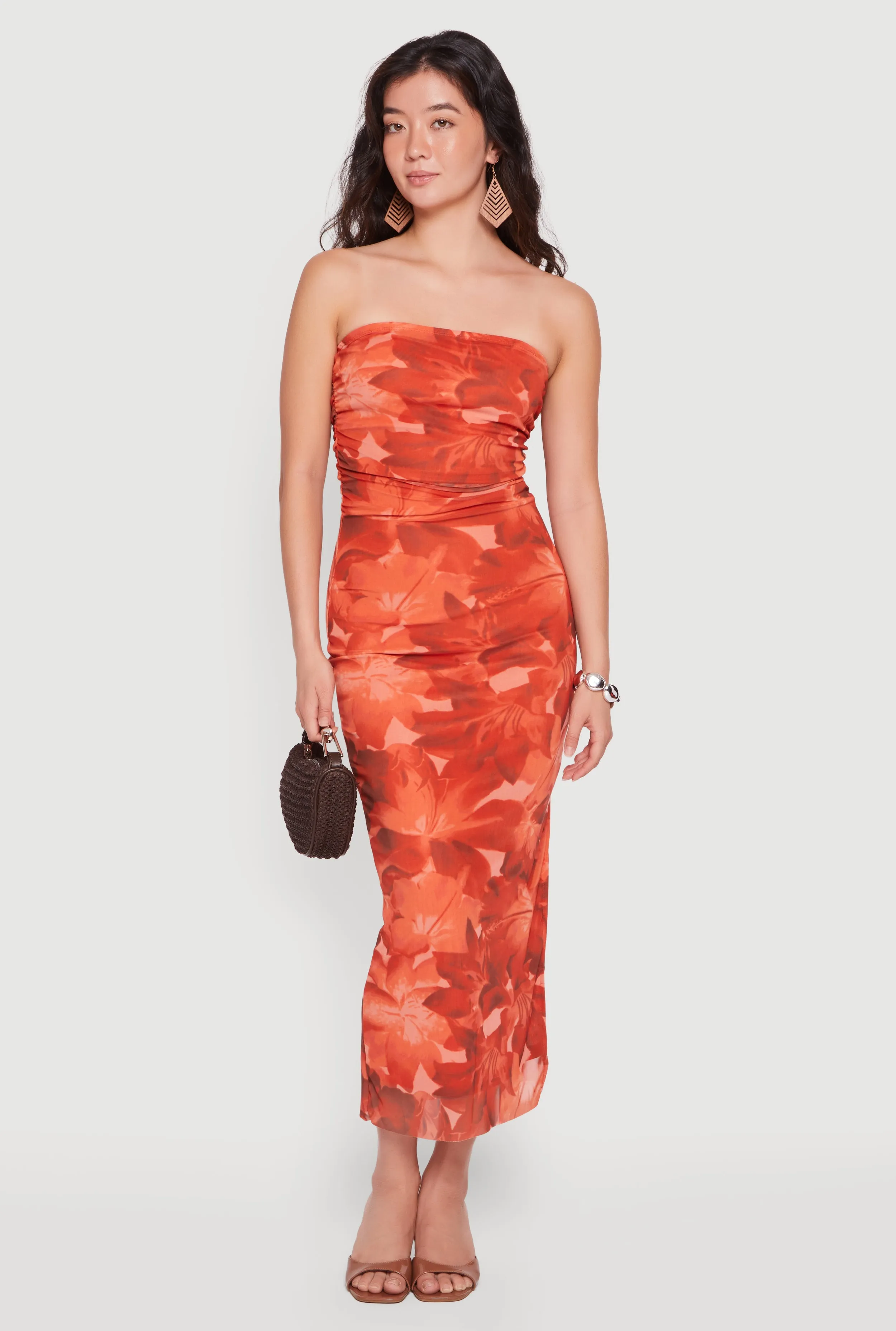 Floral Mesh Ruched Strapless Dress with Side Slit sold by Rainbow