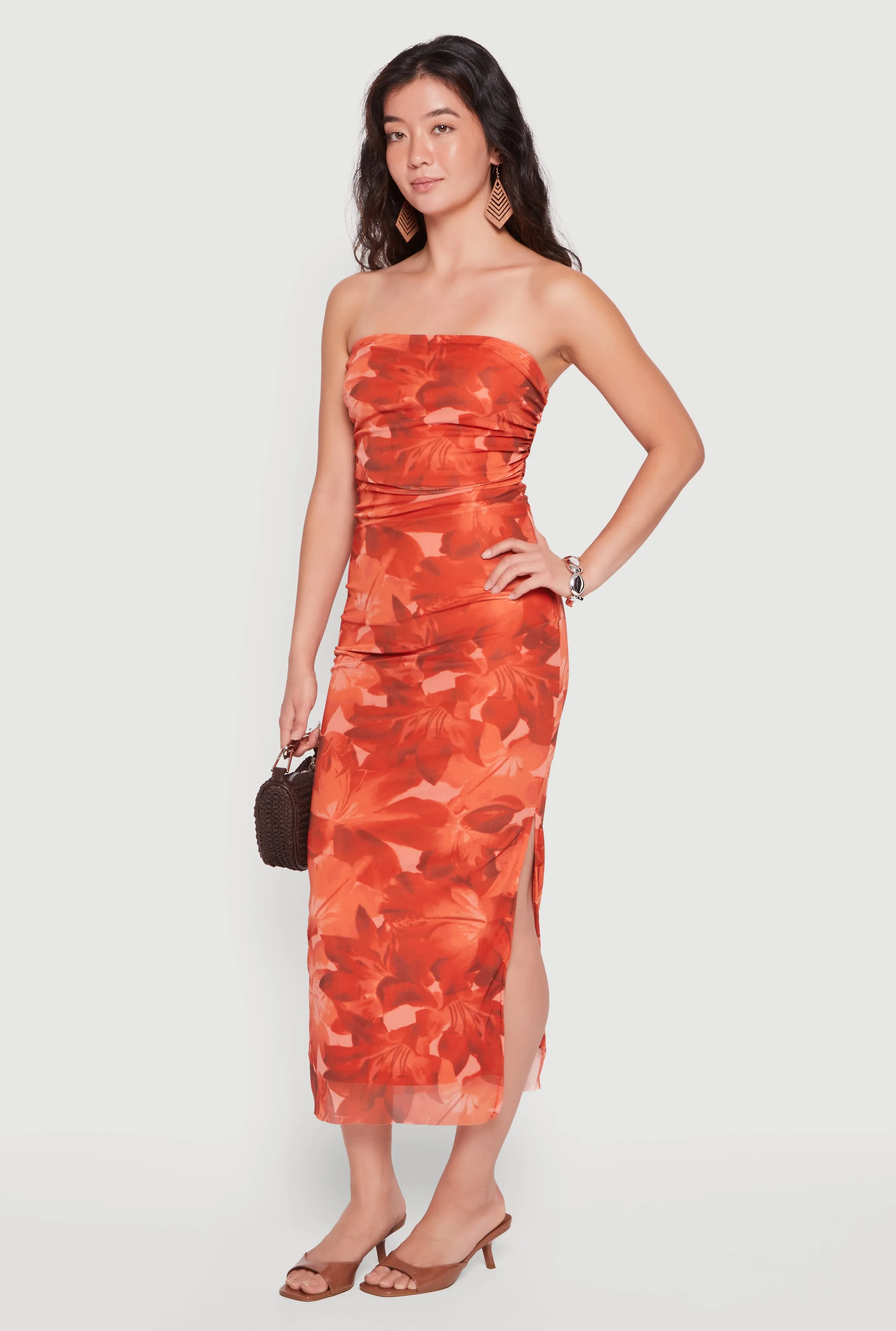 Floral Mesh Ruched Strapless Dress with Side Slit sold by Rainbow product image thumbnail 2