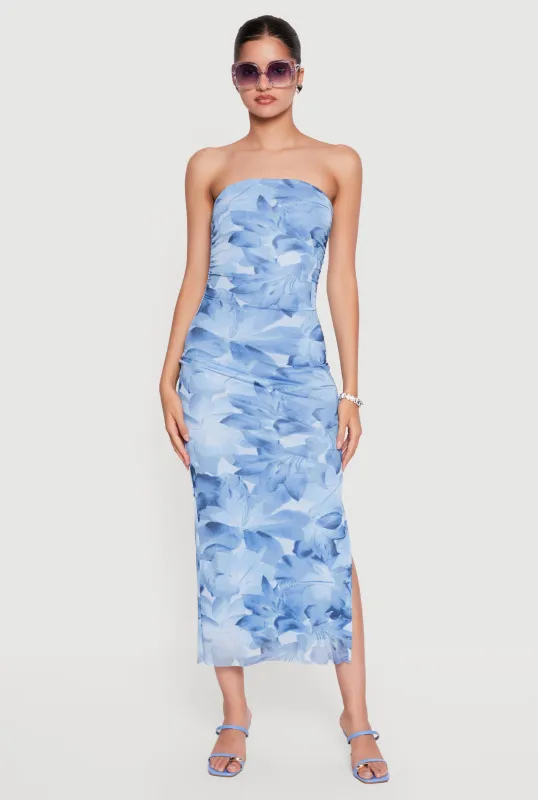 Floral Mesh Ruched Strapless Dress with Side Slit made by Rainbow