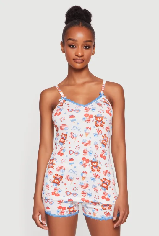 Contrast Lace Trim Americana Print Pajama Cami and Shorts made by Rainbow